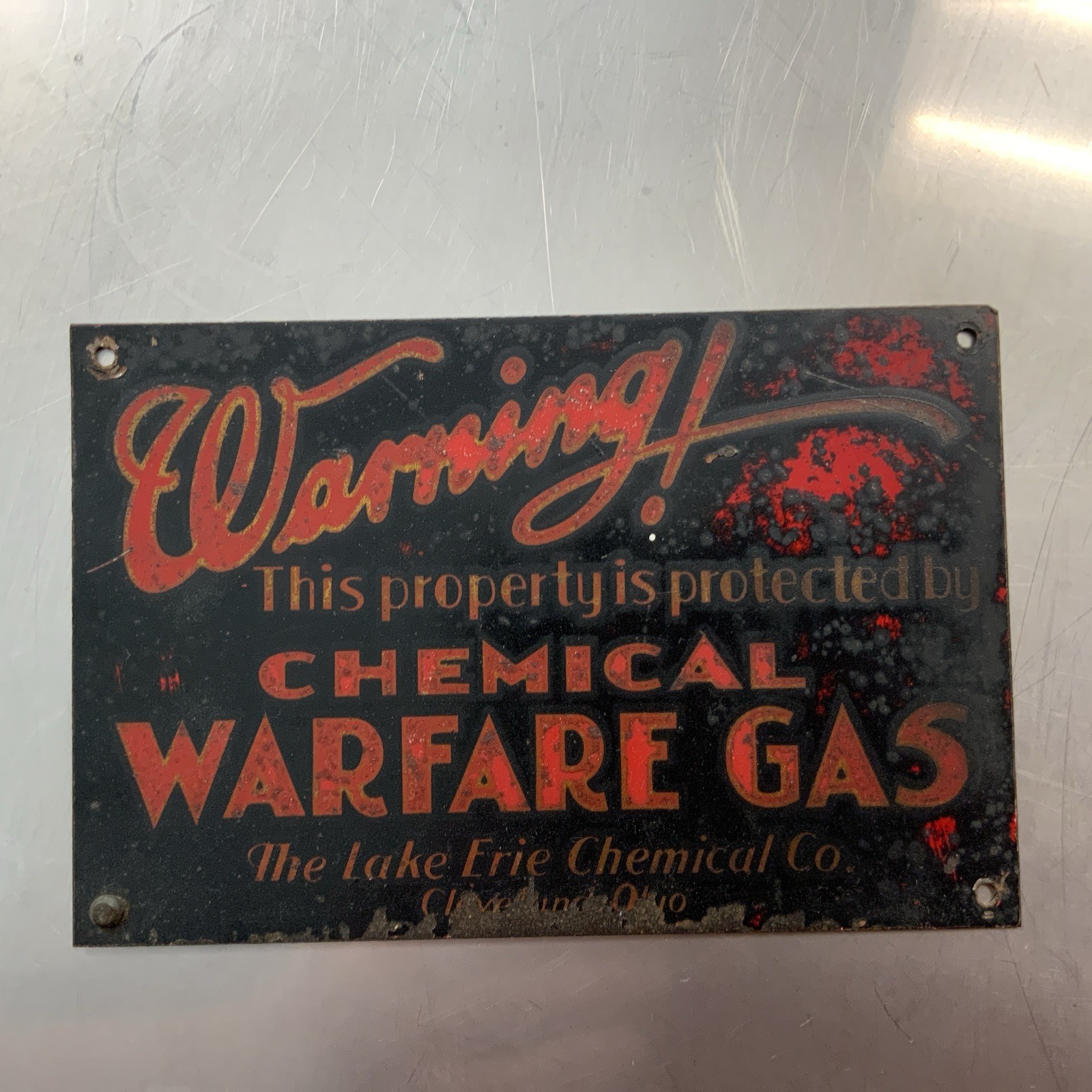 Original U.S. Pre WWII Era Lake Erie Chemical Company Chemical Warfare Gas Sign