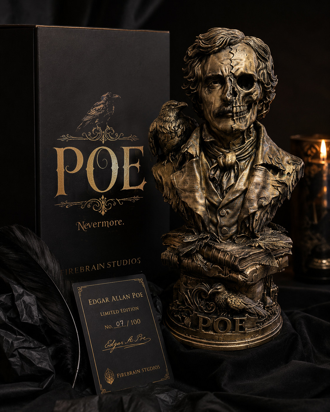 Edgar Allan Poe Limited Edition Bronze Finish Bust Statue Signed & Numbered Fire