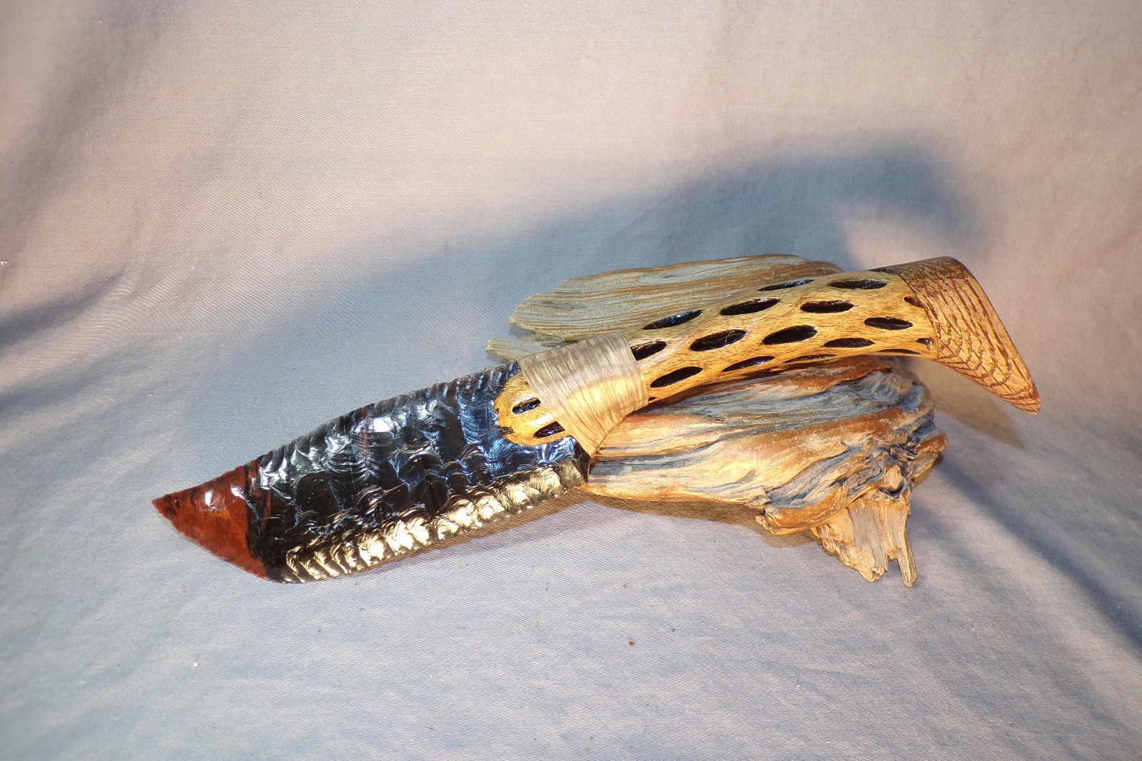 Triple Flow Obsidian Bowie Knife w Cholla Cactus Wood Handle Flint Knapping COA