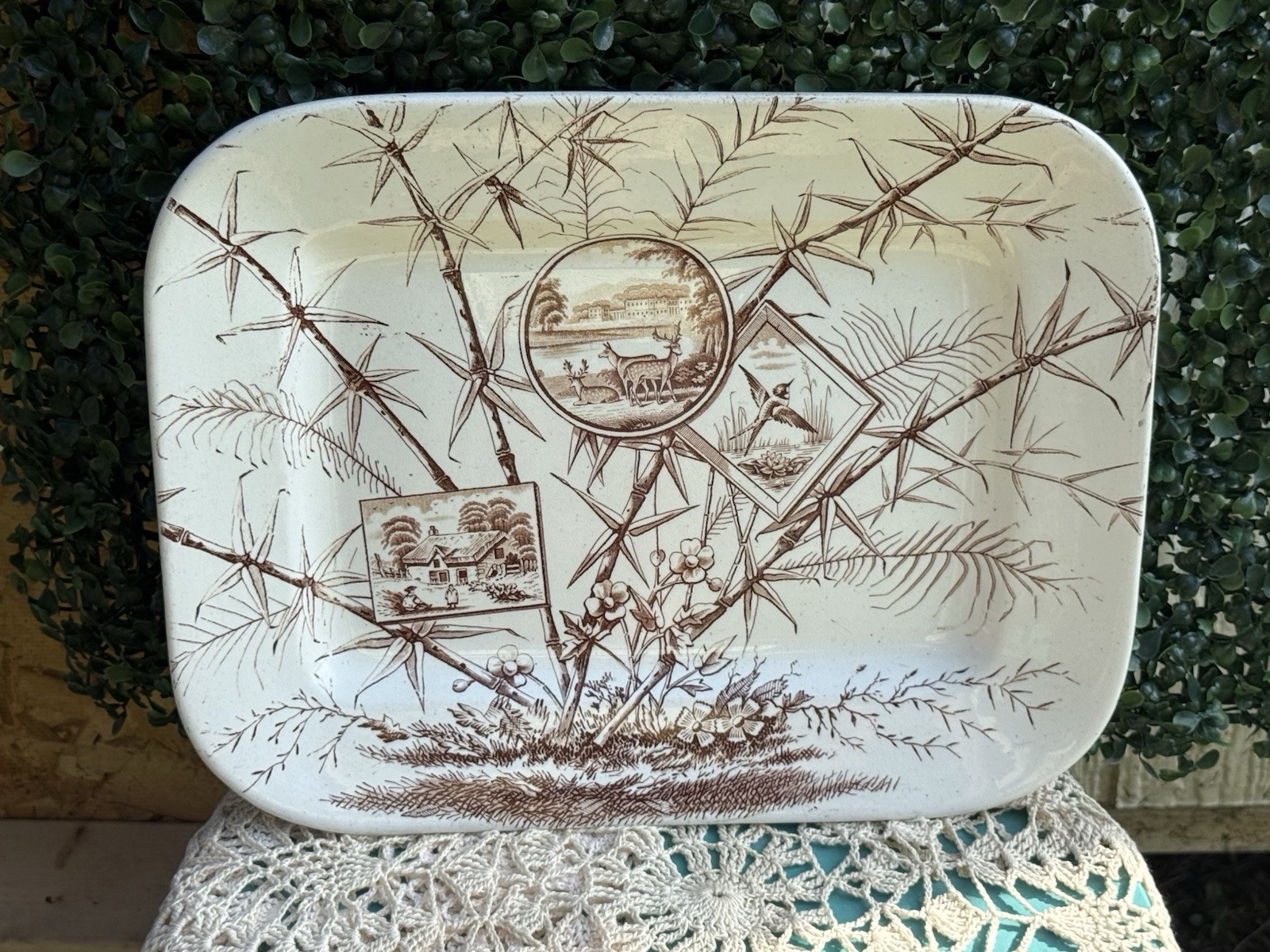 Antique 1883 JH Davis Chatsworth Brown Transferware Platter Deer Bird Aesthetic