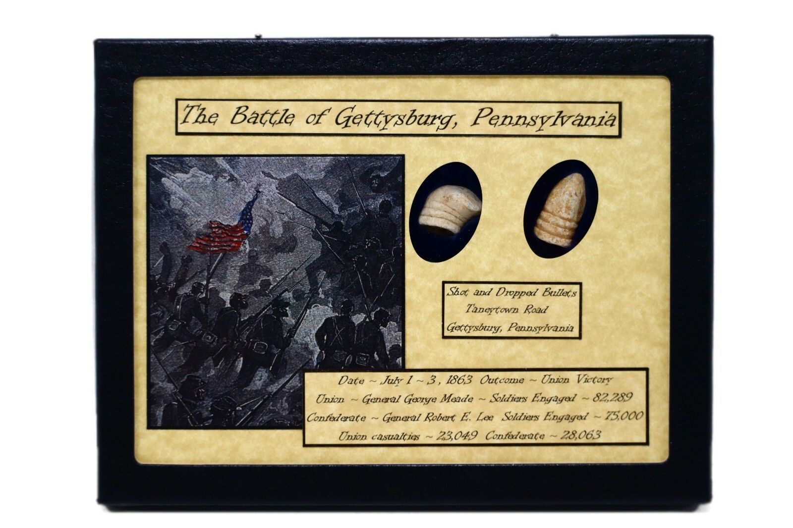 Dropped & Shot Civil War Bullets from Gettysburg in Matted Display Case with COA