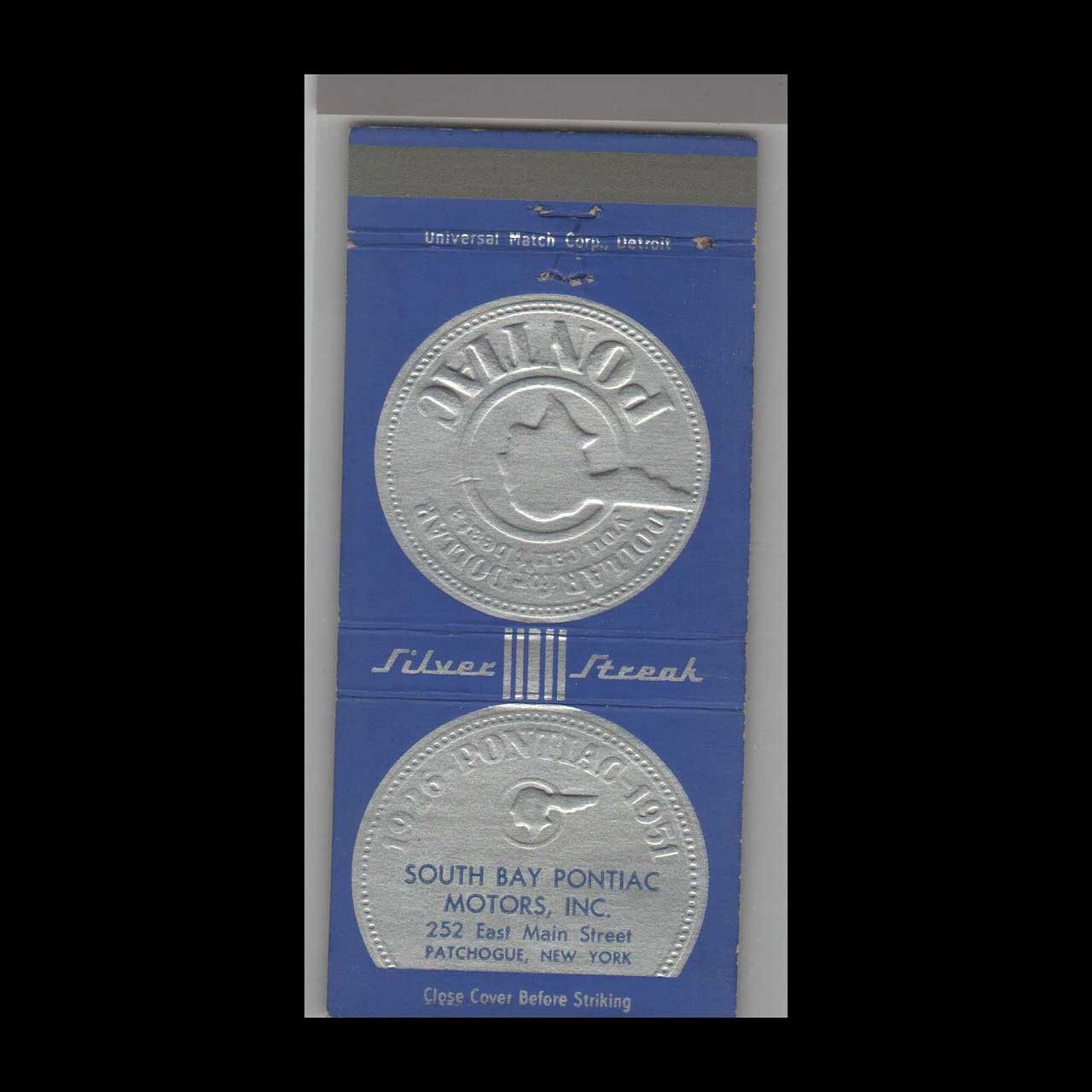 Matchbook Cover - 1951 Pontiac Dealer South Bay Pontiac Patchogue, NY