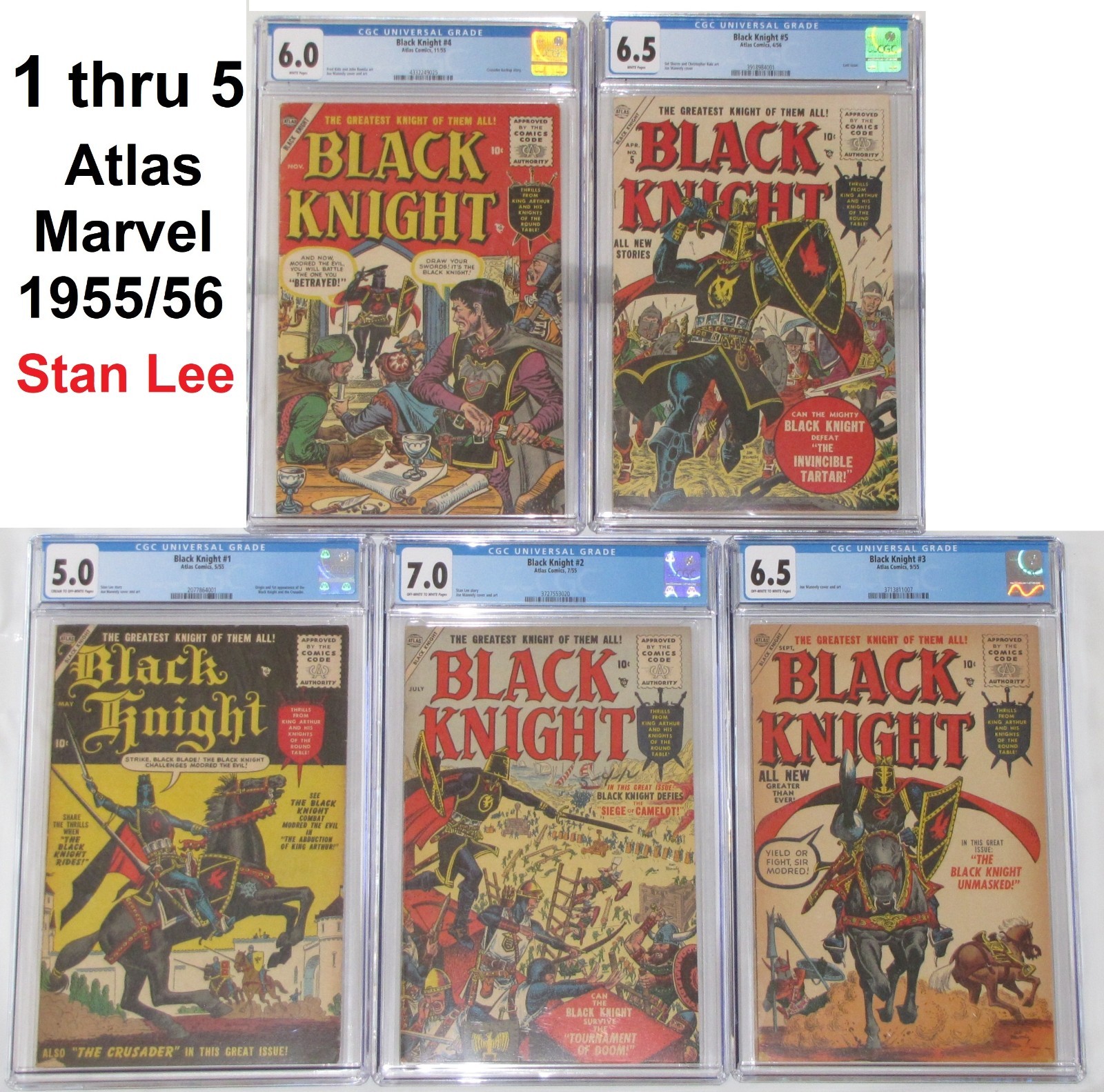 Black Knight 1 thru 5 1955, 1st App Black Knight, Stan Lee, Atlas Marvel CGC 5-7