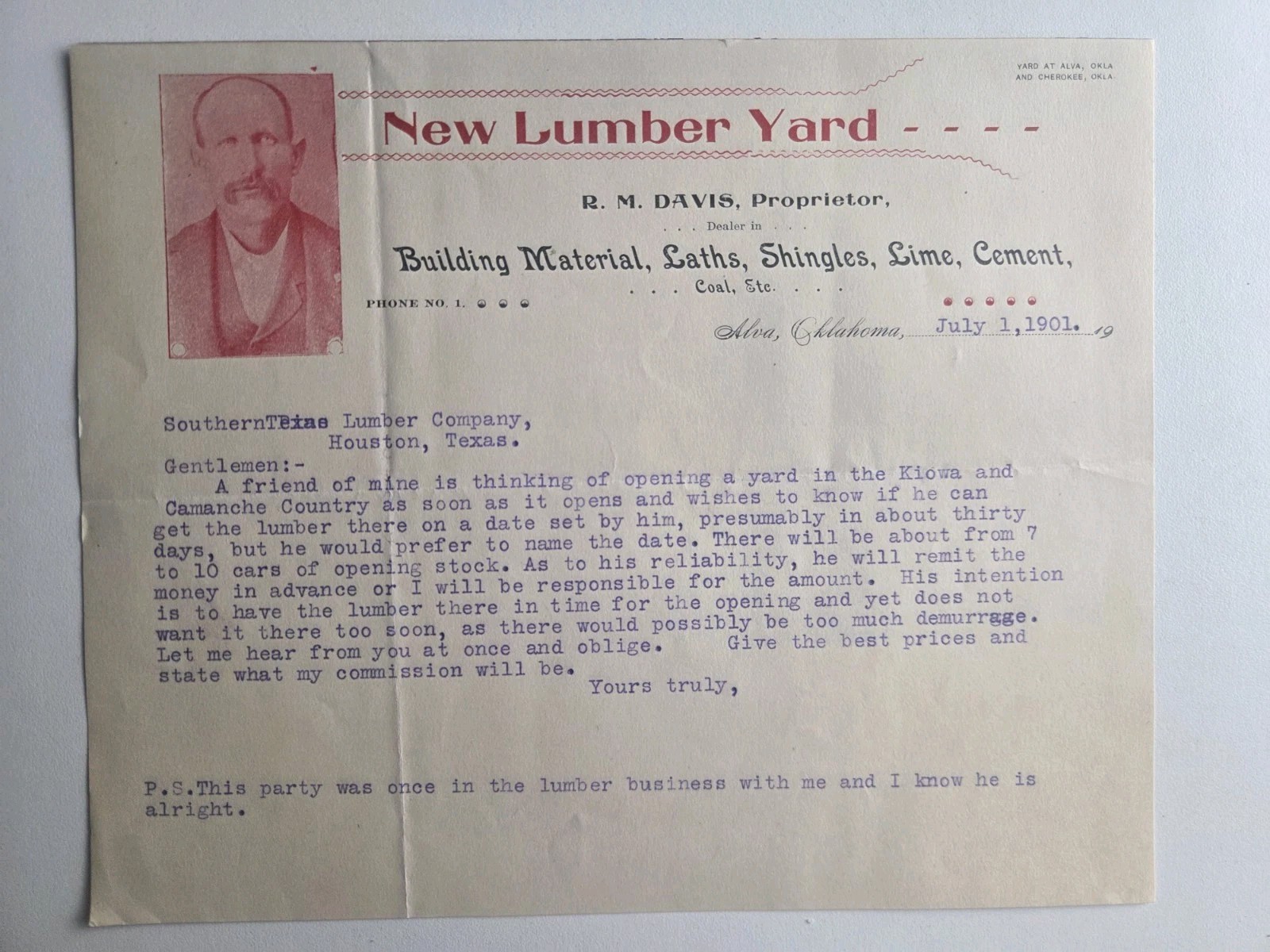 1901 Alva Oklahoma R M Davis Lumber Yard Portrait Letterhead Kiowa Comanche