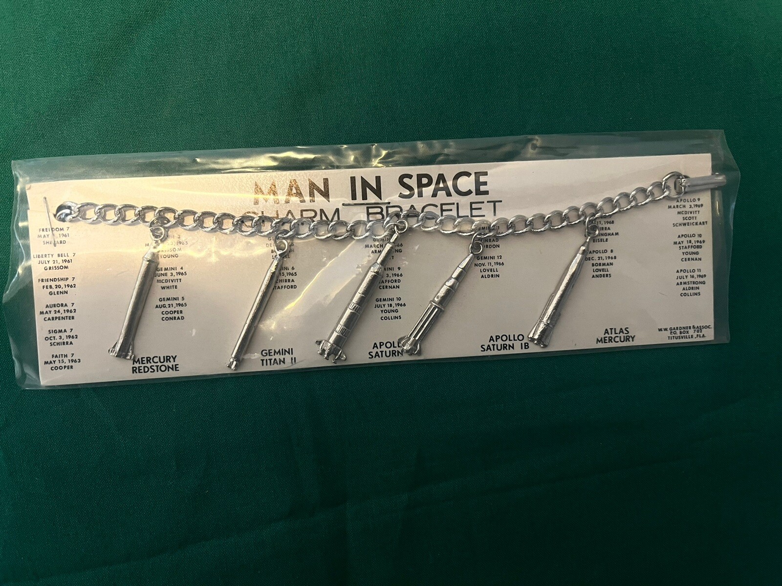 Vintage 1960\'s  Man In space NASA Saturn V Apollo Mercury Atlas Charm Bracelet