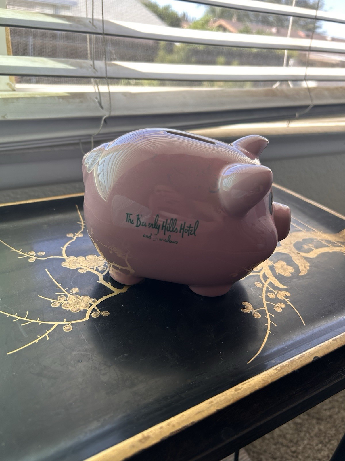 VINTAGE BEVERLY HILLS HOTEL RARE PIGGY BANK SIGNATURE PINK & GREEN LOGO NO PLUG