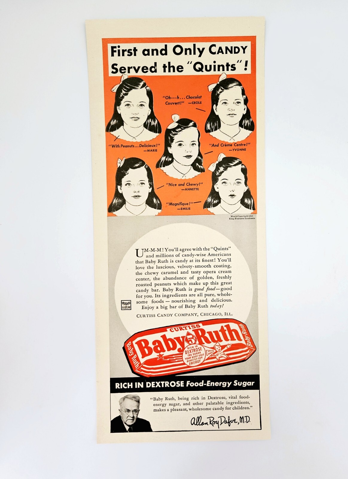 Baby Ruth candy bar ad vintage 1941 Dionne Quintuplets original advertisement
