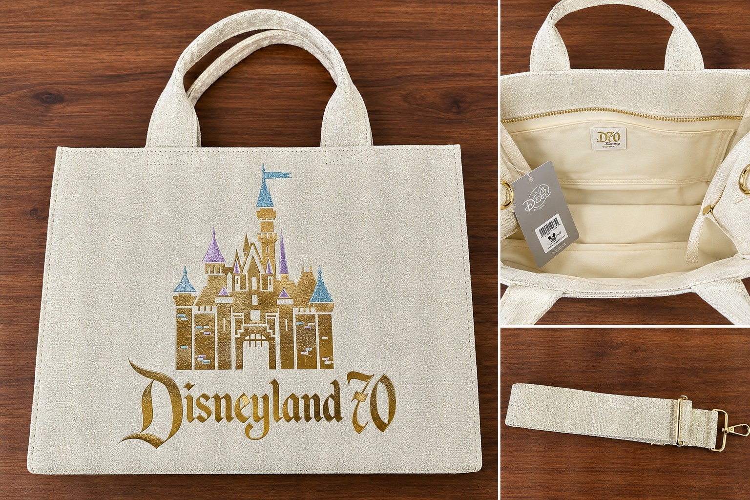 Disneyland 70th Anniversary Crossbody Tote Bag Gold Glitter Disney Purse