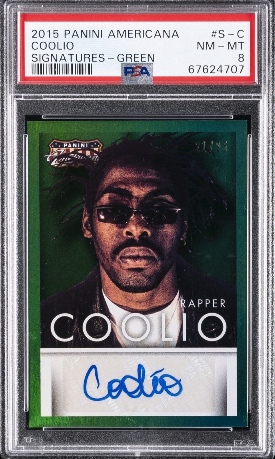 2015 COOLIO PSA 8 AUTO PANINI AMERICANA RAPPER SIGNATURES GREEN #'d /25