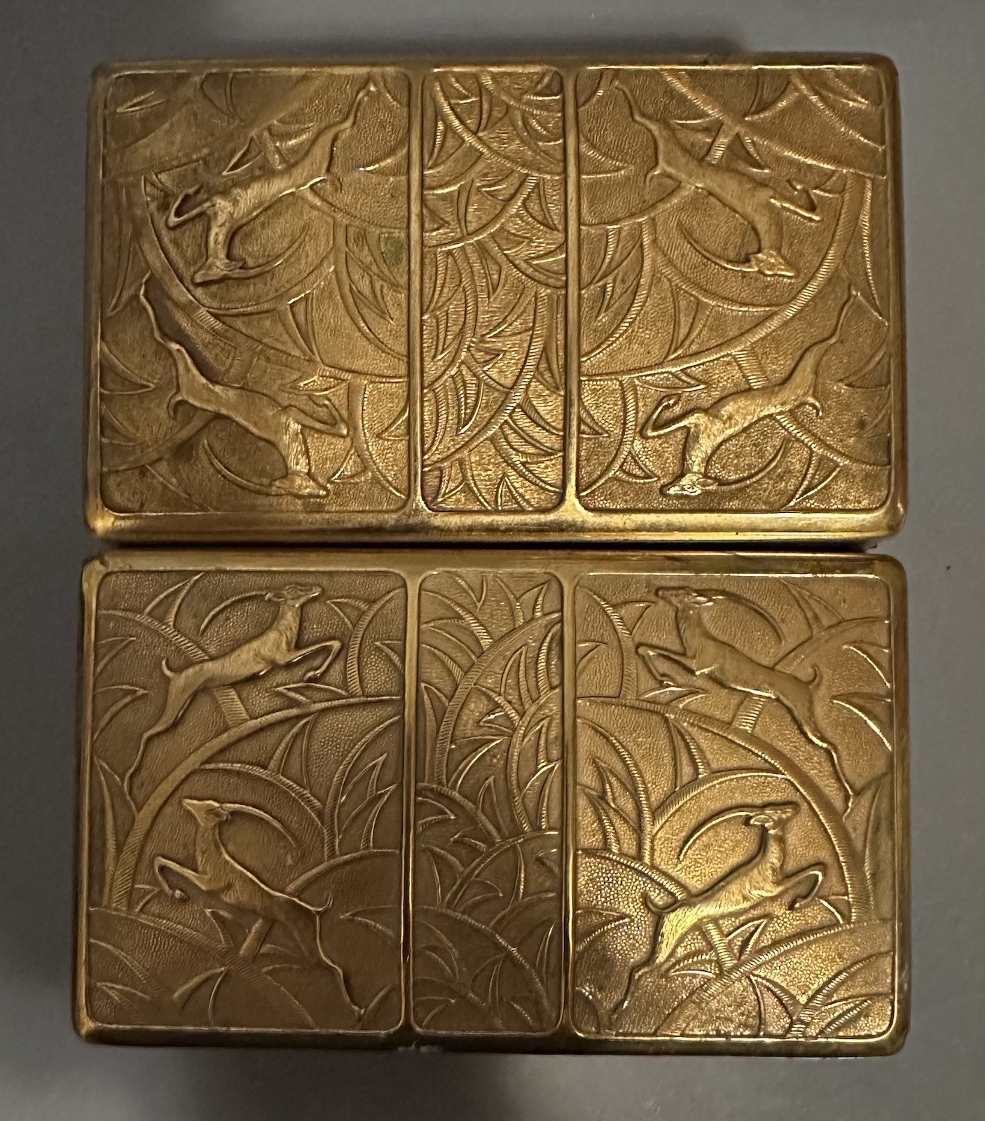 Vintage Elgin American Leaping Gazelle Vanity Jewelry Boxes Pair gold tone USA