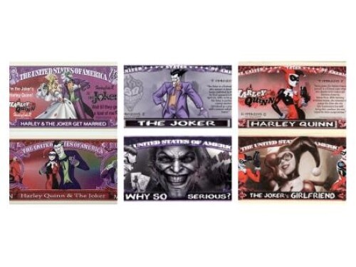 3 Pack Harley Quinn and Joker Dollar Bill DC Comics Money Banknote Set in Sleeve