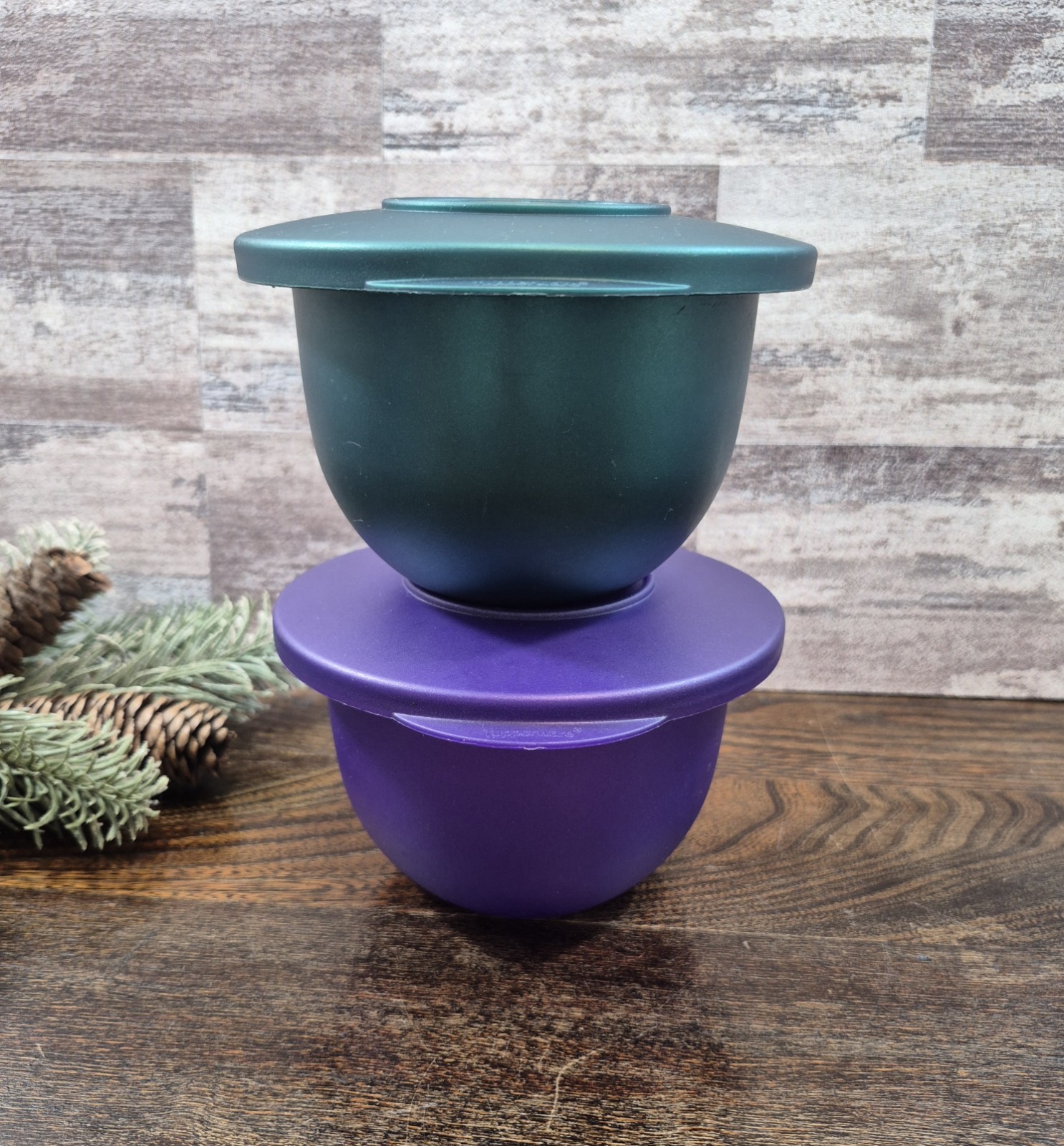 Tupperware Impressions (Set of 2) Bowls with Fitted Lids Hunter Green & Eggplant