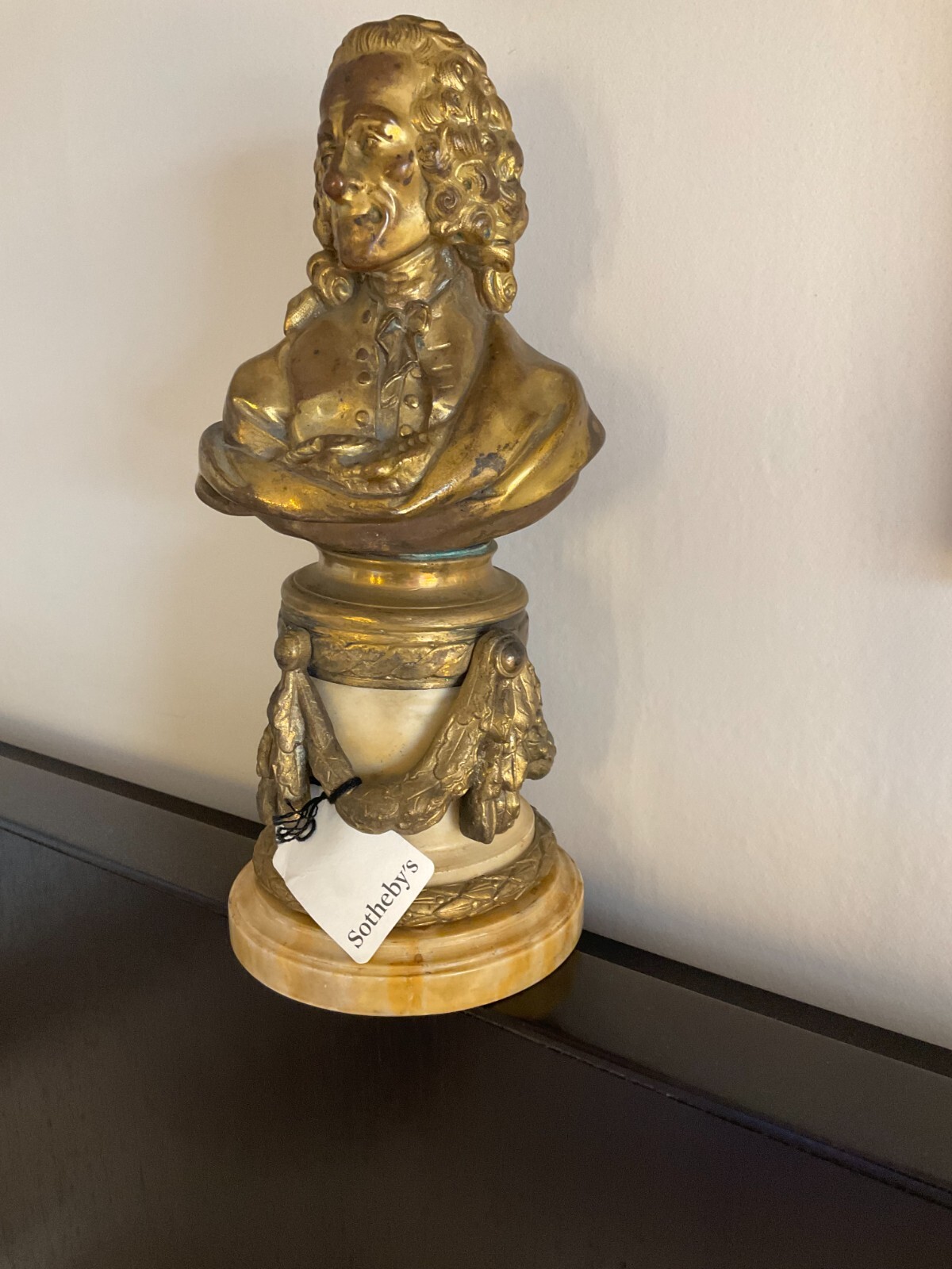 19th C. Post Family Sotheby's Auction Voltaire Gilt Bronze Small Bust On Marble