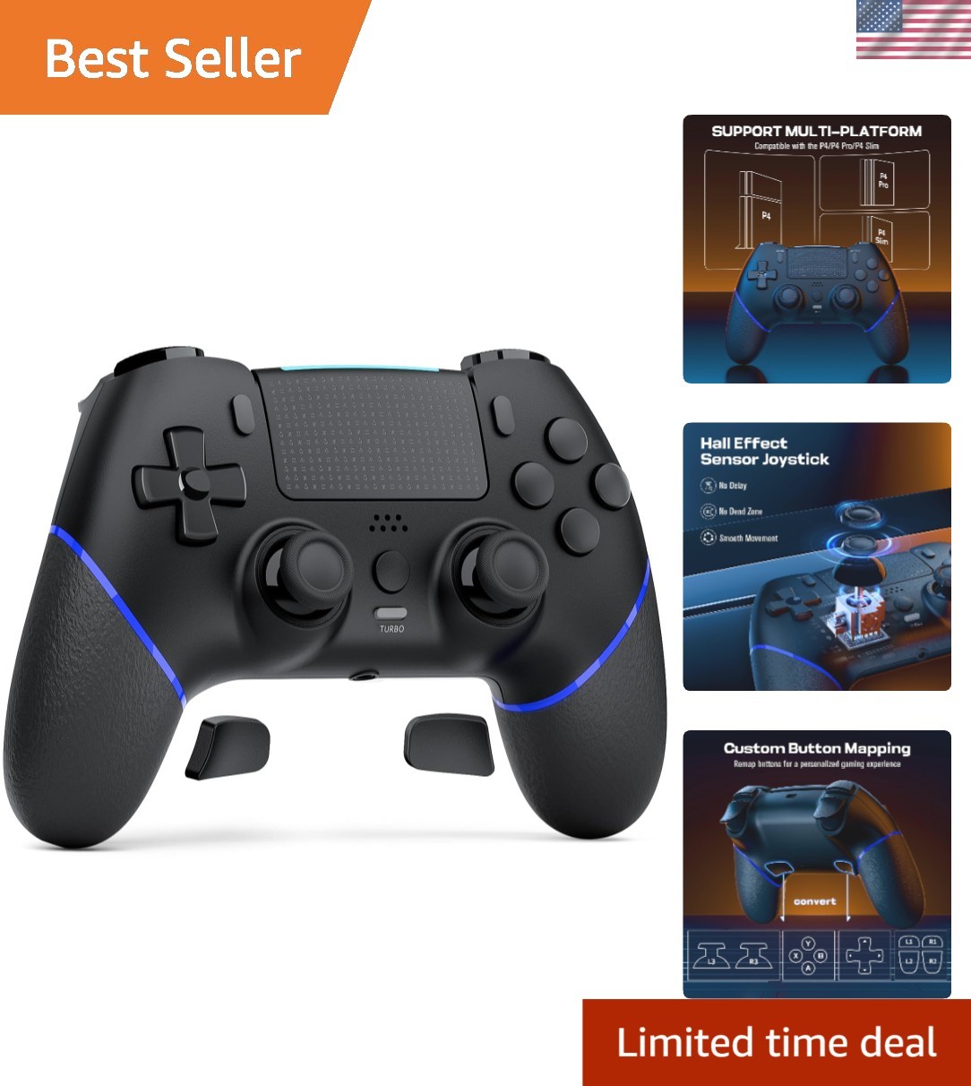 Wireless Controller for PS4 with Hall Effect Joystick 2 Macro Buttons Vibrati...