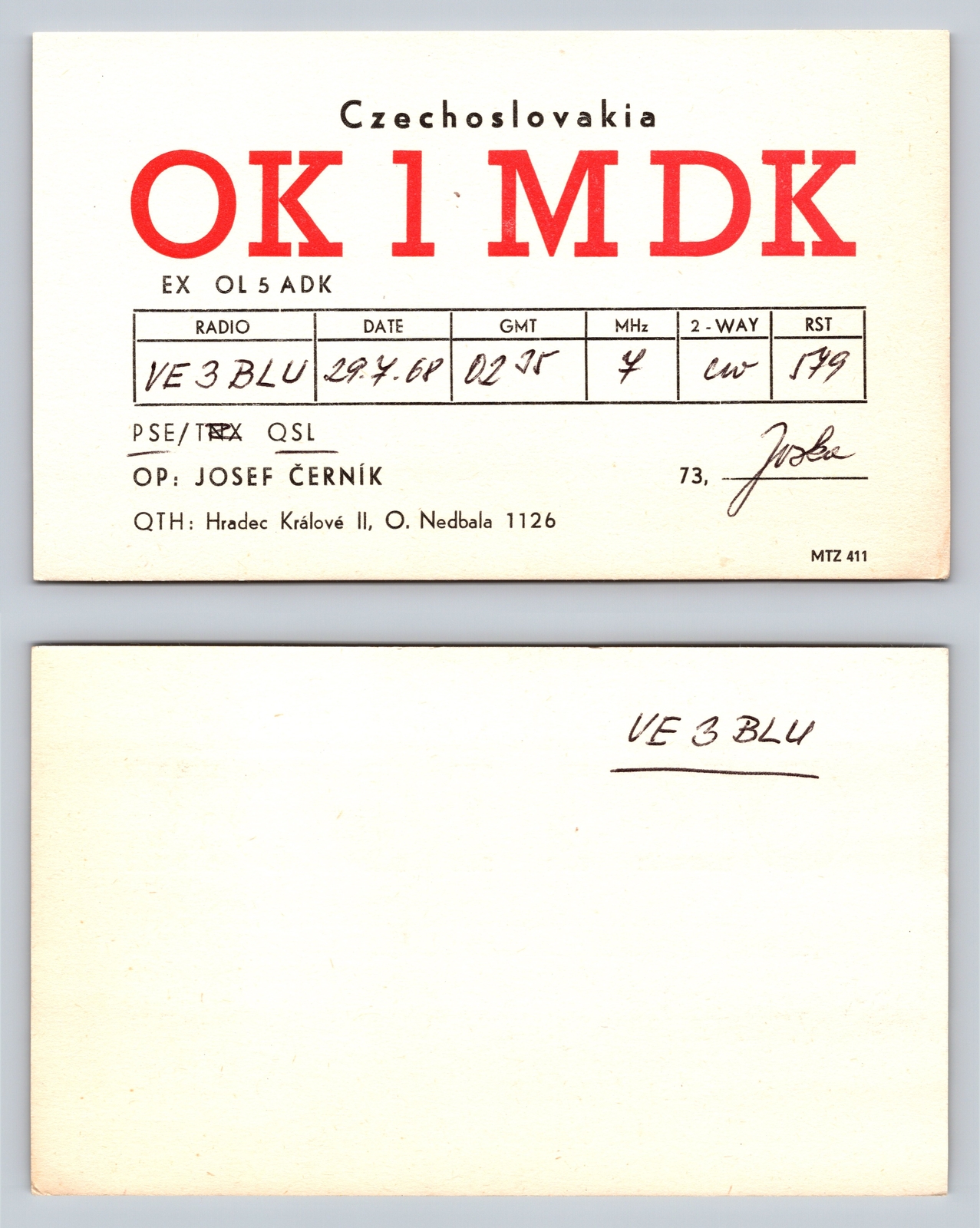 Ham Radio QSL QSO Postcard OK 1 MDK, Hradec Králové II, CZ, Czechoslovakia