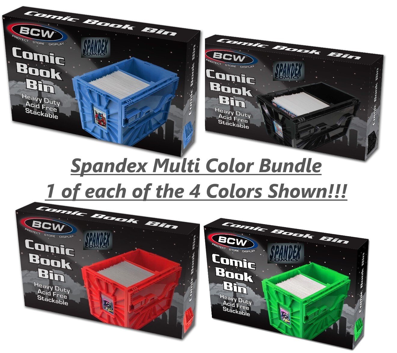 BCW MultiColor Short Comic Book Bin 4 Pack contains 1 Each  Black Blue Green Red
