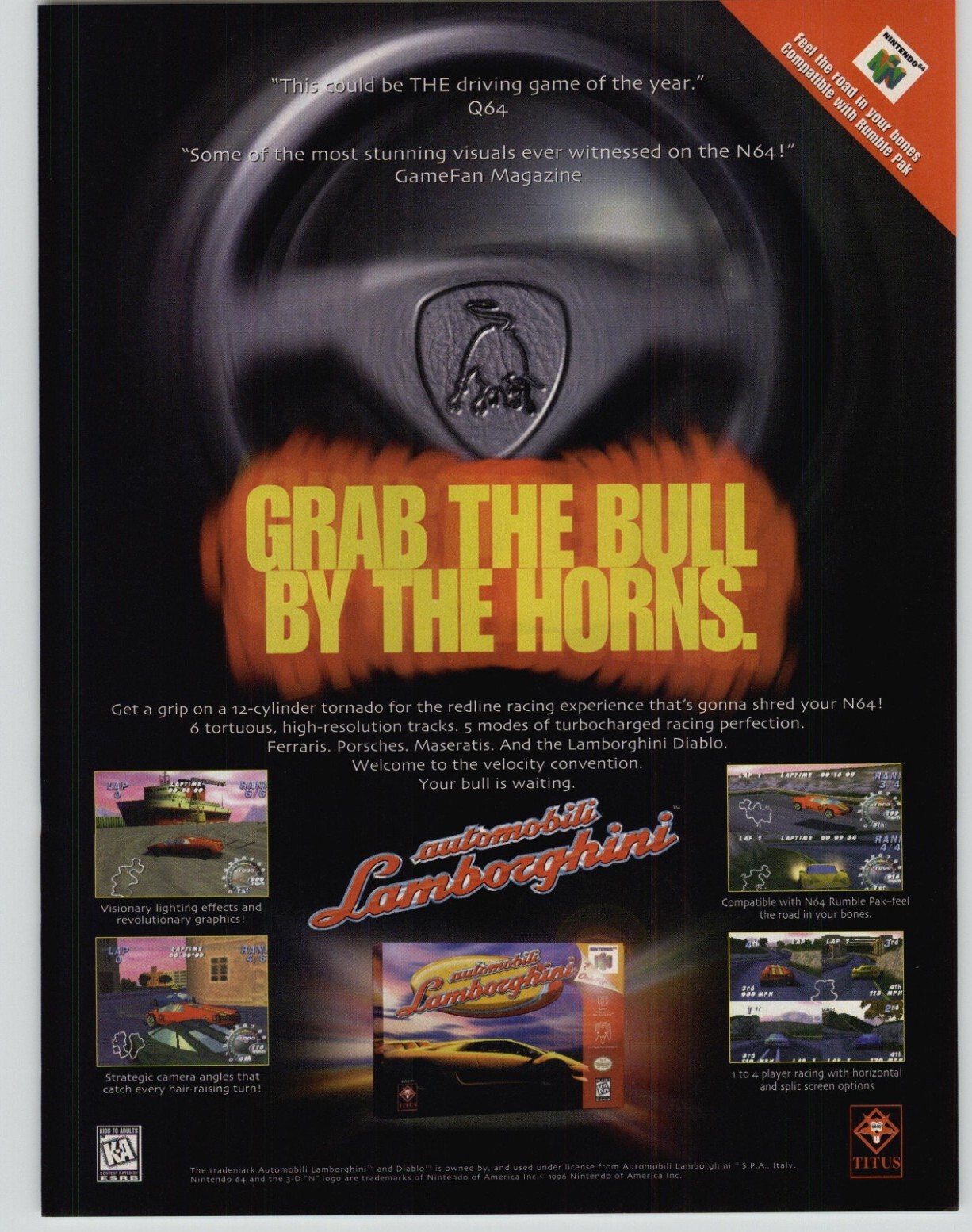 Automobili Lamborghini Racing Nintendo N64 Video Game Art 1996 Vintage Print Ad