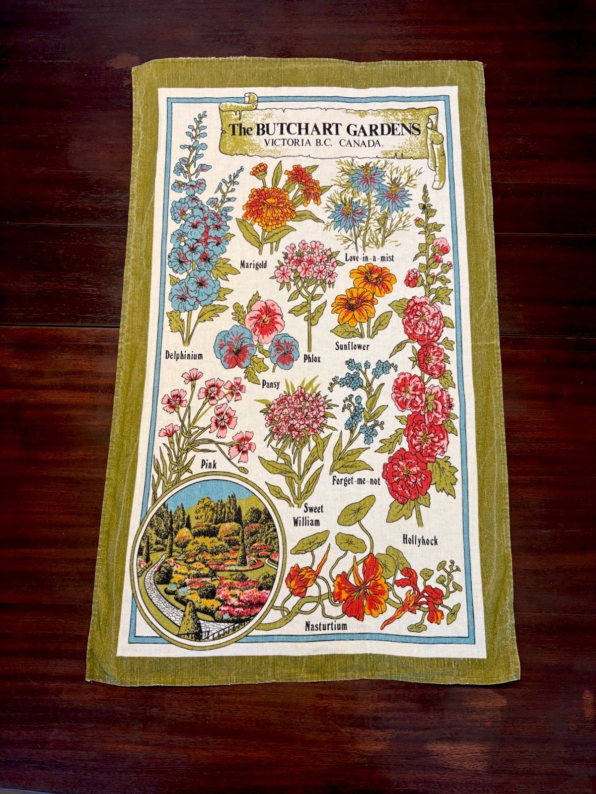 Vintage Linen Kitchen Tea Towel The Butchart Gardens Victoria BC Canada Floral
