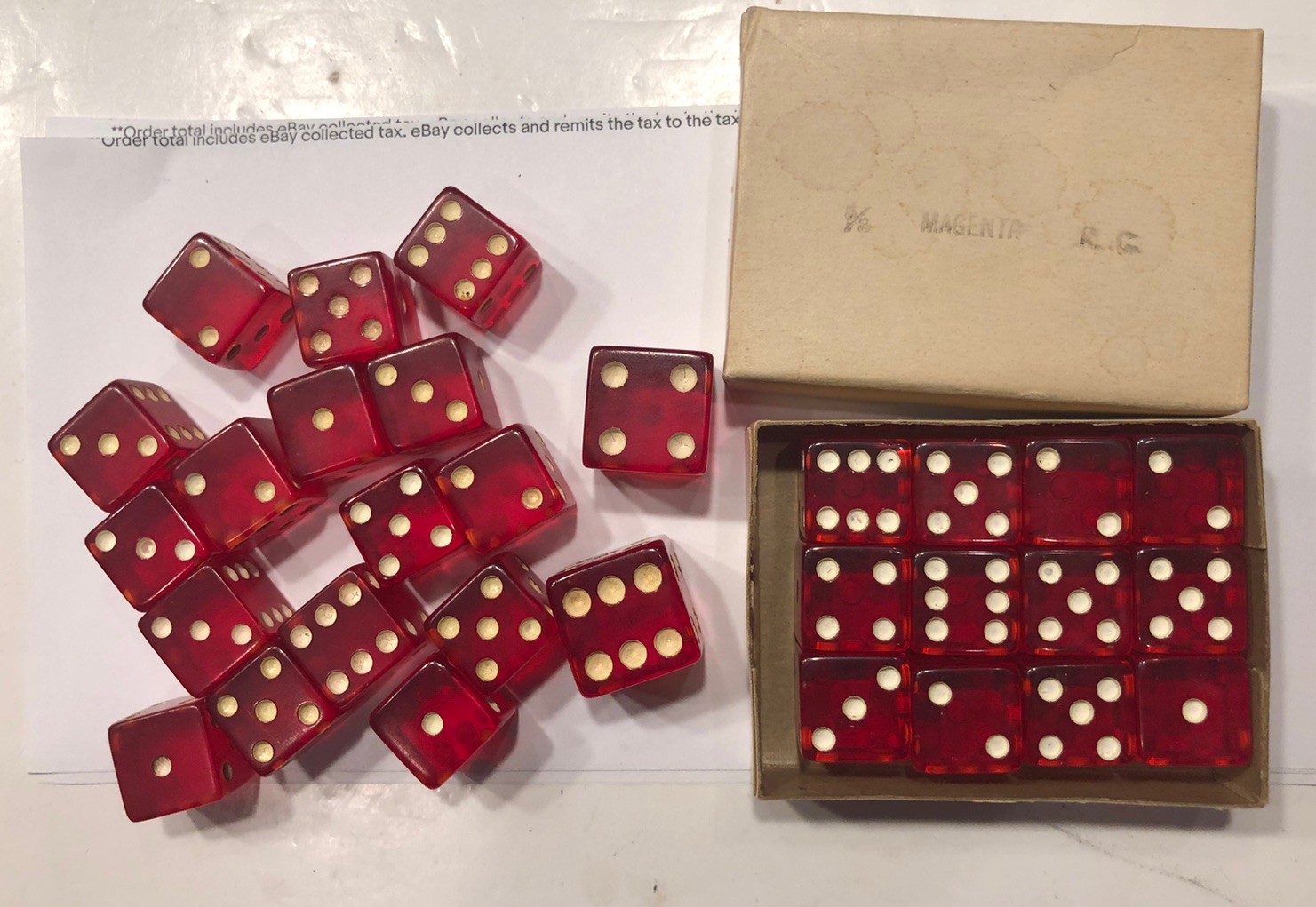 28 Vintage  5/8” Magenta Bakelite Dice Some In Orig. Box & 2 - 3/4” Dice