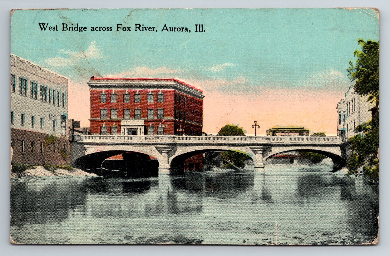 IL, Aurora, West Bridge, Fox River, Vintage Postcard