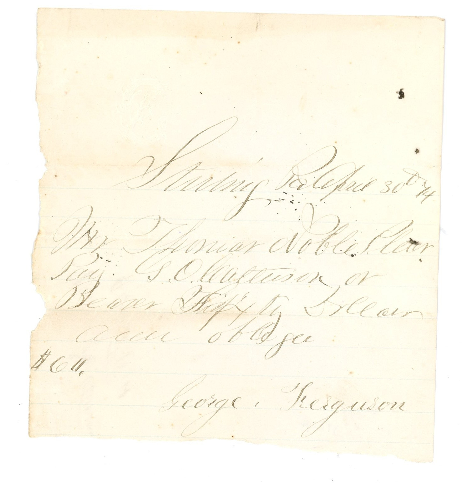 1874 Odd Fellows Lodge Dues Receipt Kittanning, PA Signed George Hegedus