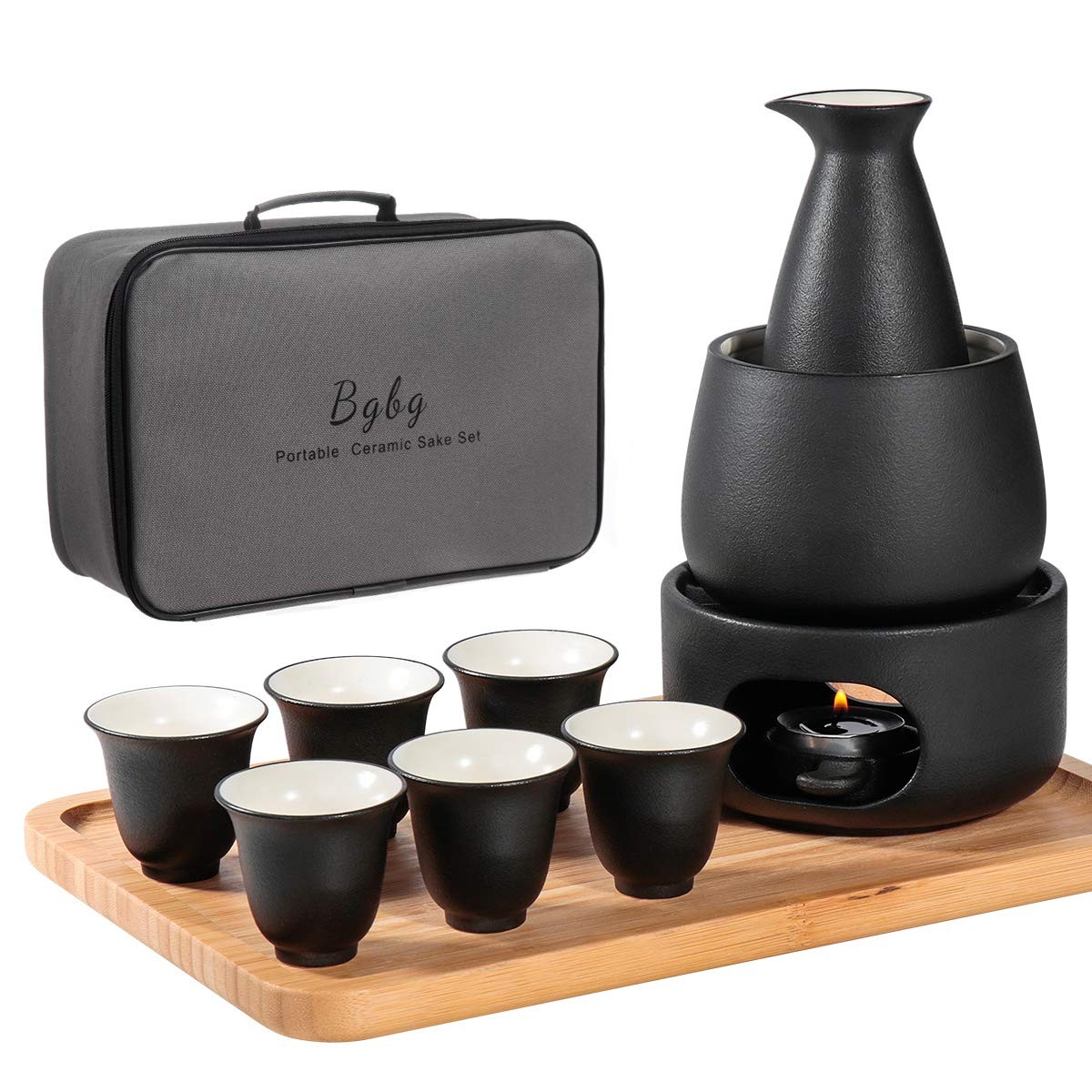 Bgbg Ceramic Sake Set with Warmer Pot Bamboo Tray-Traditional Japanese Potter...