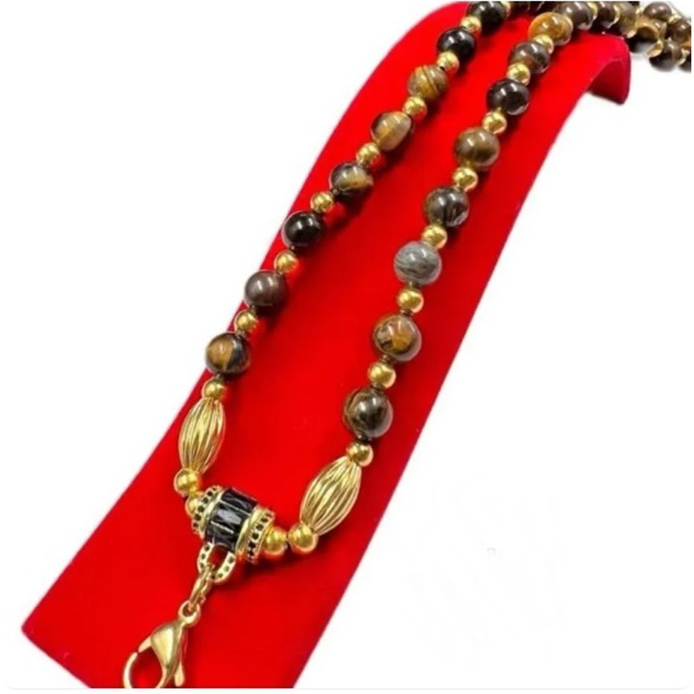 Tiger Eye Stone Bead Necklace Gold Tone Buddha Amulet Lucky Double Holder 28\
