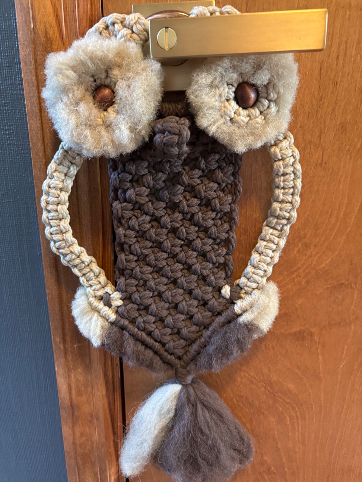 Vintage 1970's Mid Century Modern Macrame Brown Owl Wall Hanging