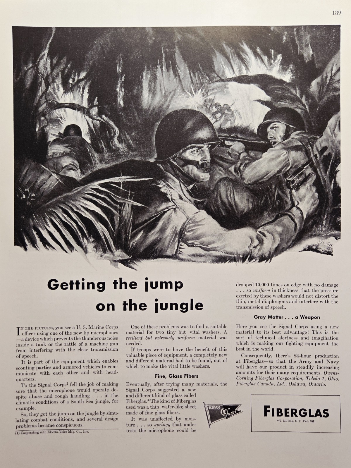 1944 Fiberglas Print Ad USMC Marine Officer Jungle Battle Signal Corp Microphone