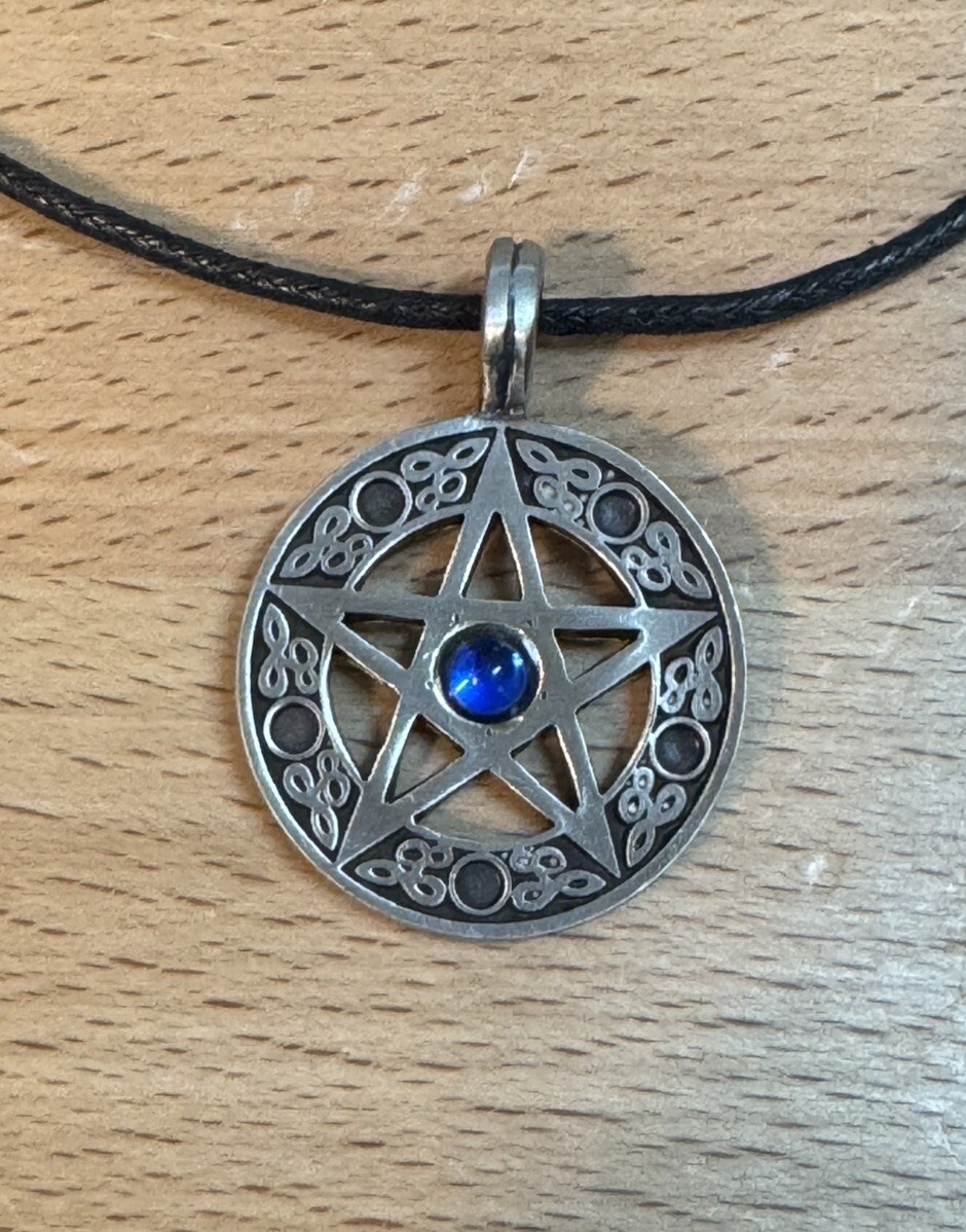 Pentacle with Blue Rhinestone Pewter Pendant Pagan Wiccan New Made USA