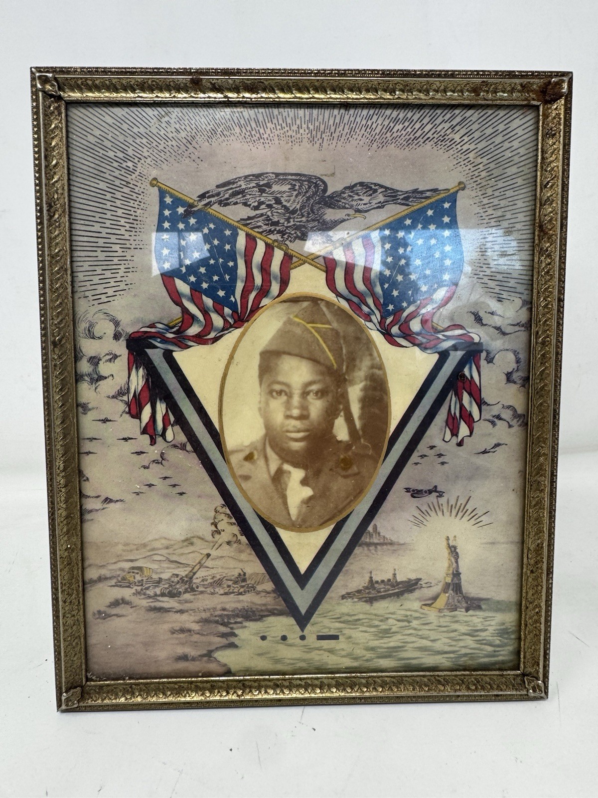 Vintage WWII Patriotic Military Soldier Portrait Eagle US Flags Liberty Framed