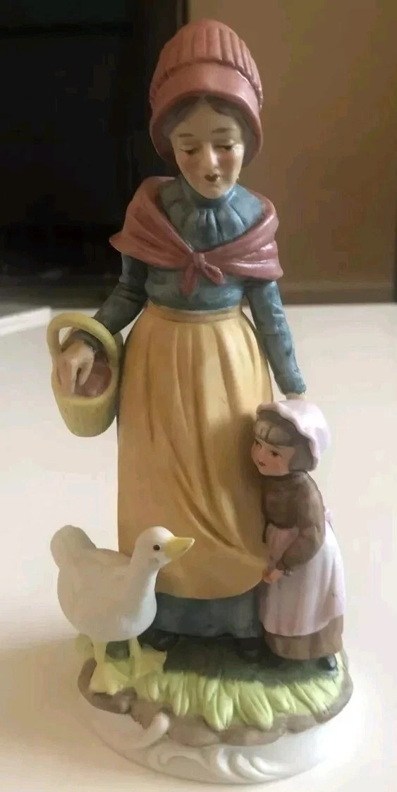 Vintage Lefton Old Woman & Little Girl Goose Large Figurine 2572 Japan 