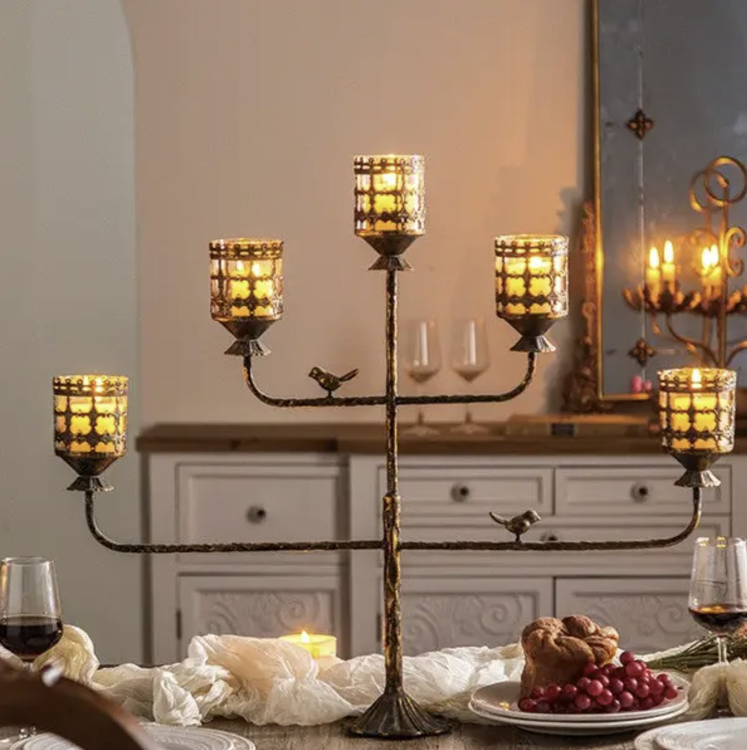 Vintage Spanish Votive 5 Arm Candelabra Rustic Candle Holder Patina Antique Goth