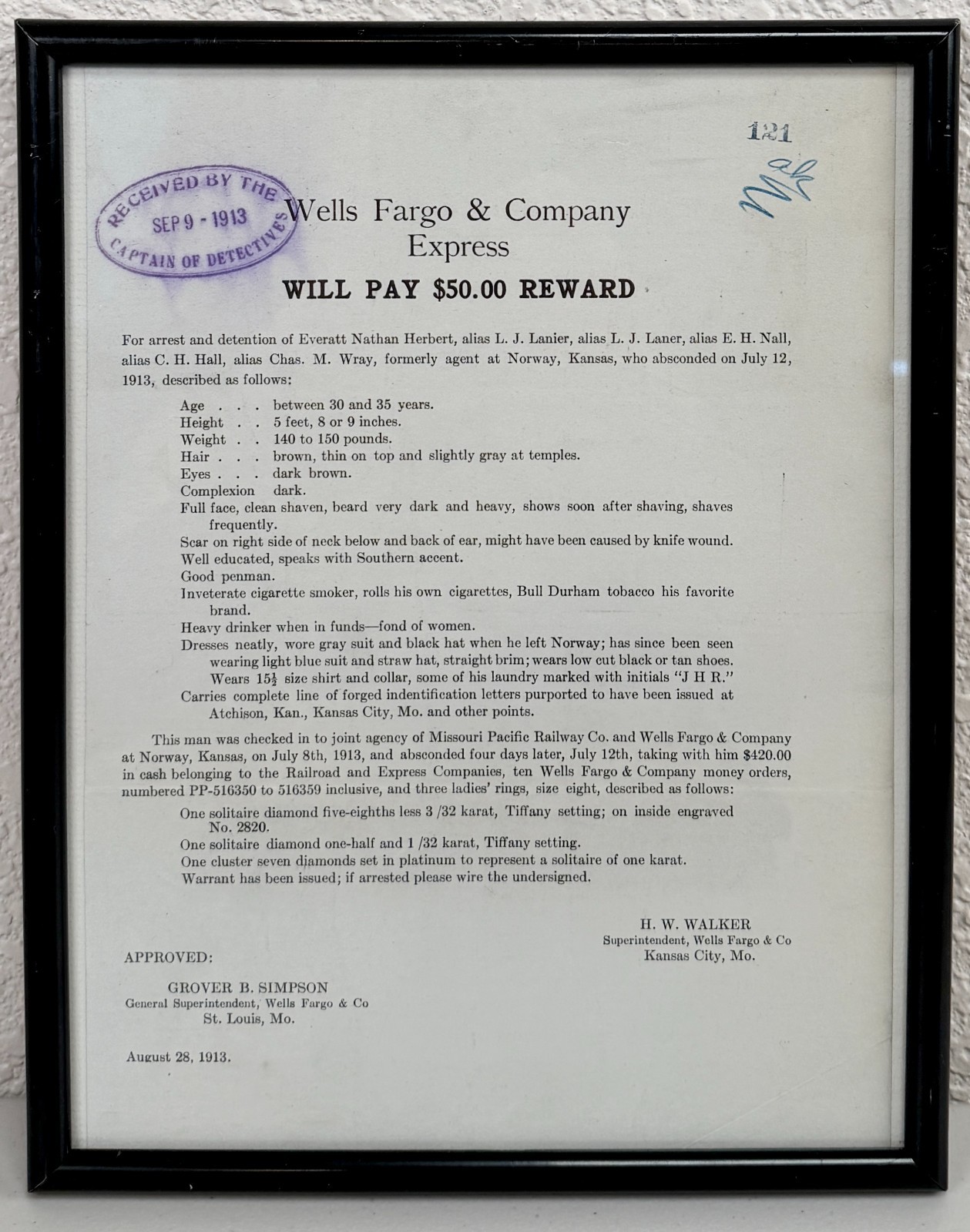 Antique Wells Fargo & Co Reward Wanted Poster Criminal Robber Western Outlaw #1