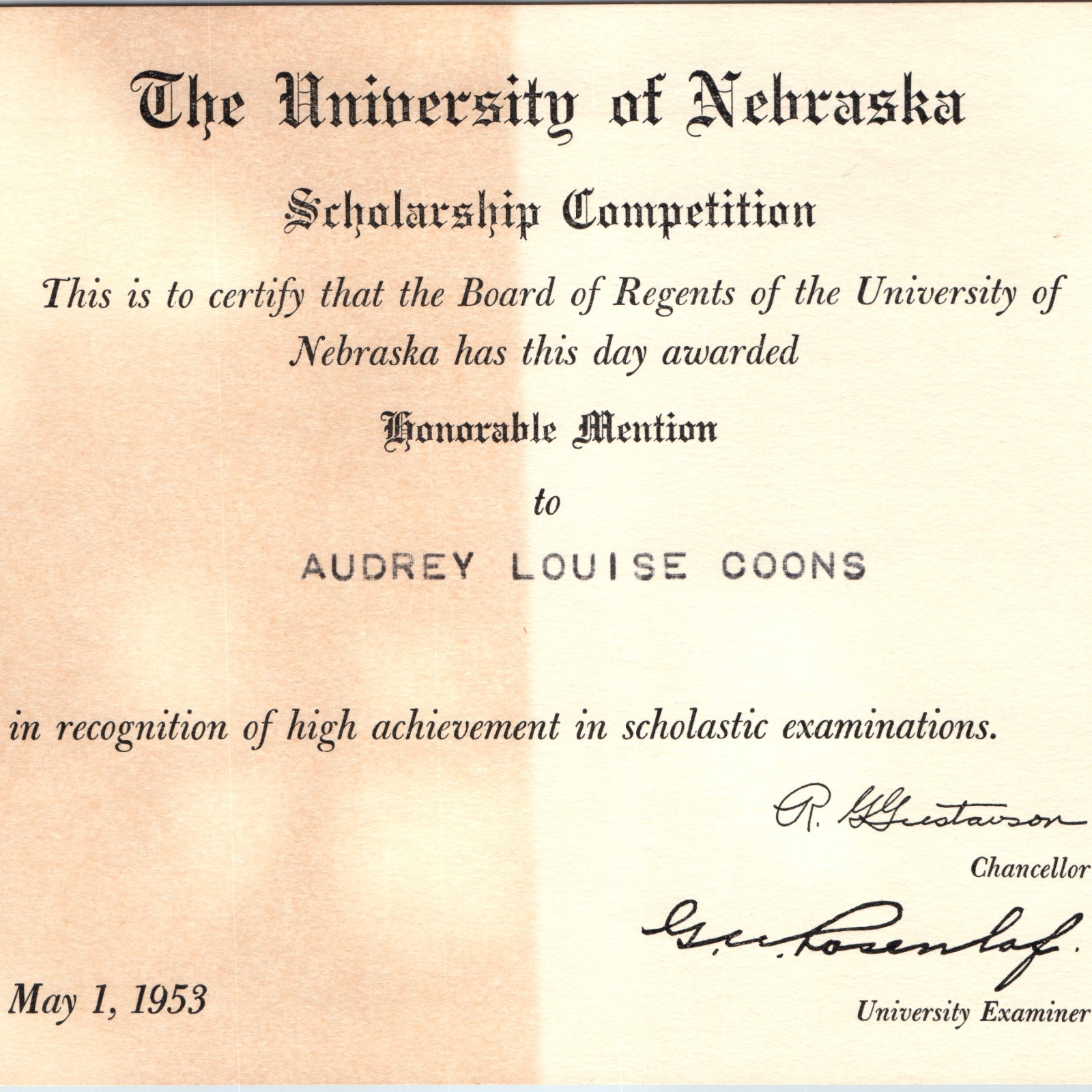 1953 University of Nebraska Scholarship Certificate Honorable Mention Coons