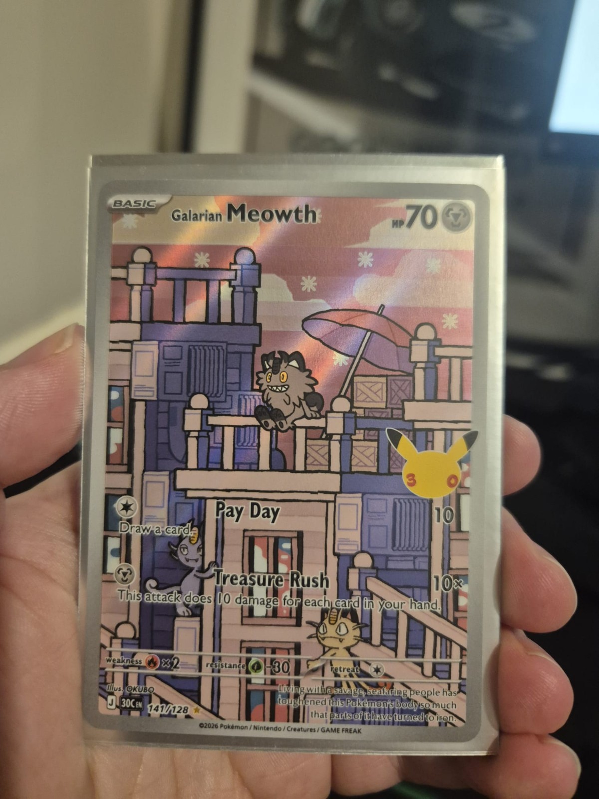 Pokèmon TCG Galarian Meowth 141/128 Illustration Rare 30th Anniversary NM/M