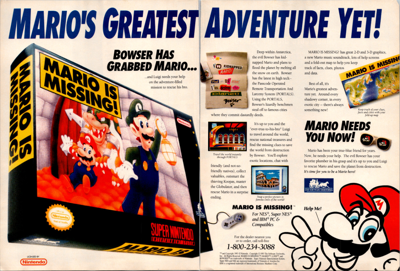 Nintendo Mario Is Missing Vintage 1993 Magazine Ad Two-Page SNES NES PC