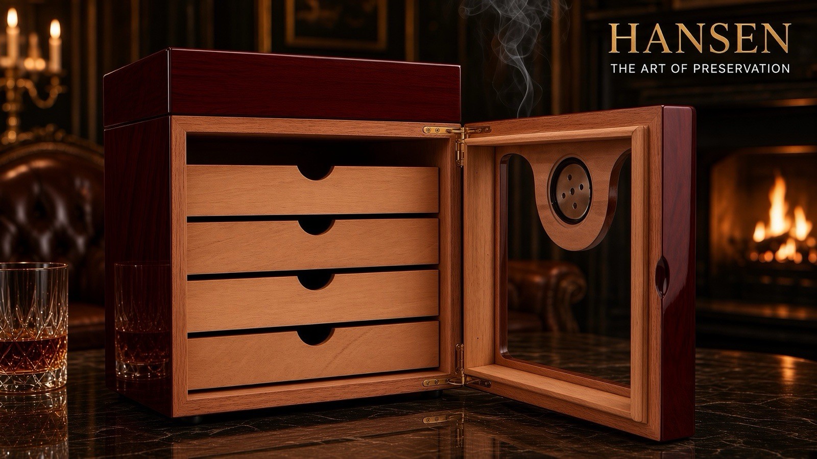 Hansen Premium Cigar Humidor Large  100 Cigars with 4 Cedar Drawers Humidifier