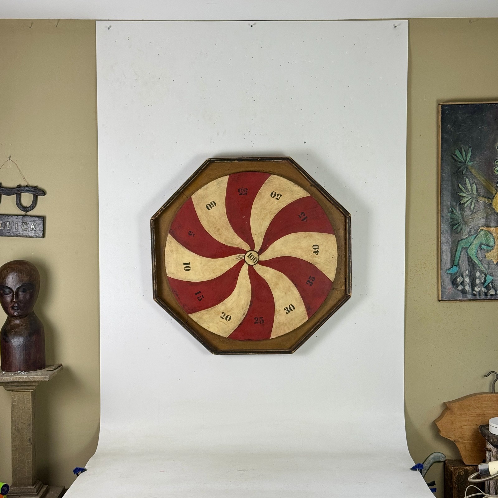 Marvelous Vintage American Folk Art Penny Pitch Wood Game Board In Swirl Design