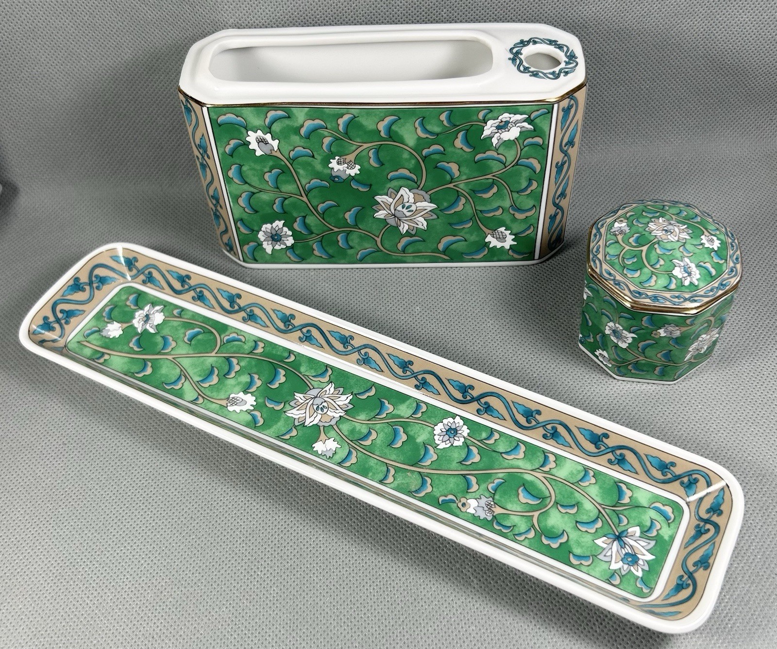Vtg Takahashi S.F Etude Green Chintz Floral Scroll Porcelain Desk Set 1986 Japan