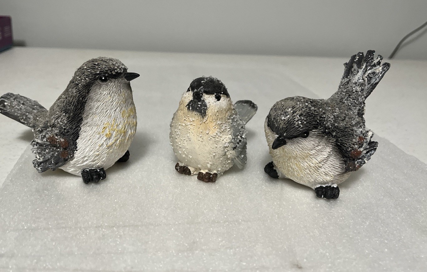 Black-Capped Chickadees (set Of 3) with winter ice on Their feathers