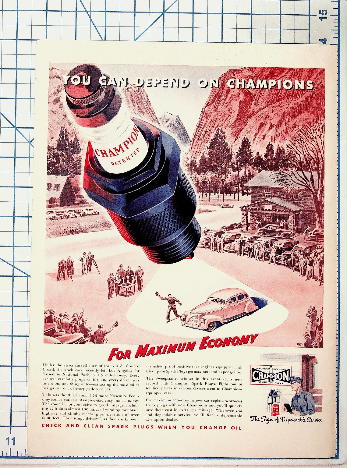 Vintage 1930s Champion Spark Plug Ad Gilmore-Yosemite Economy Run Car Auto