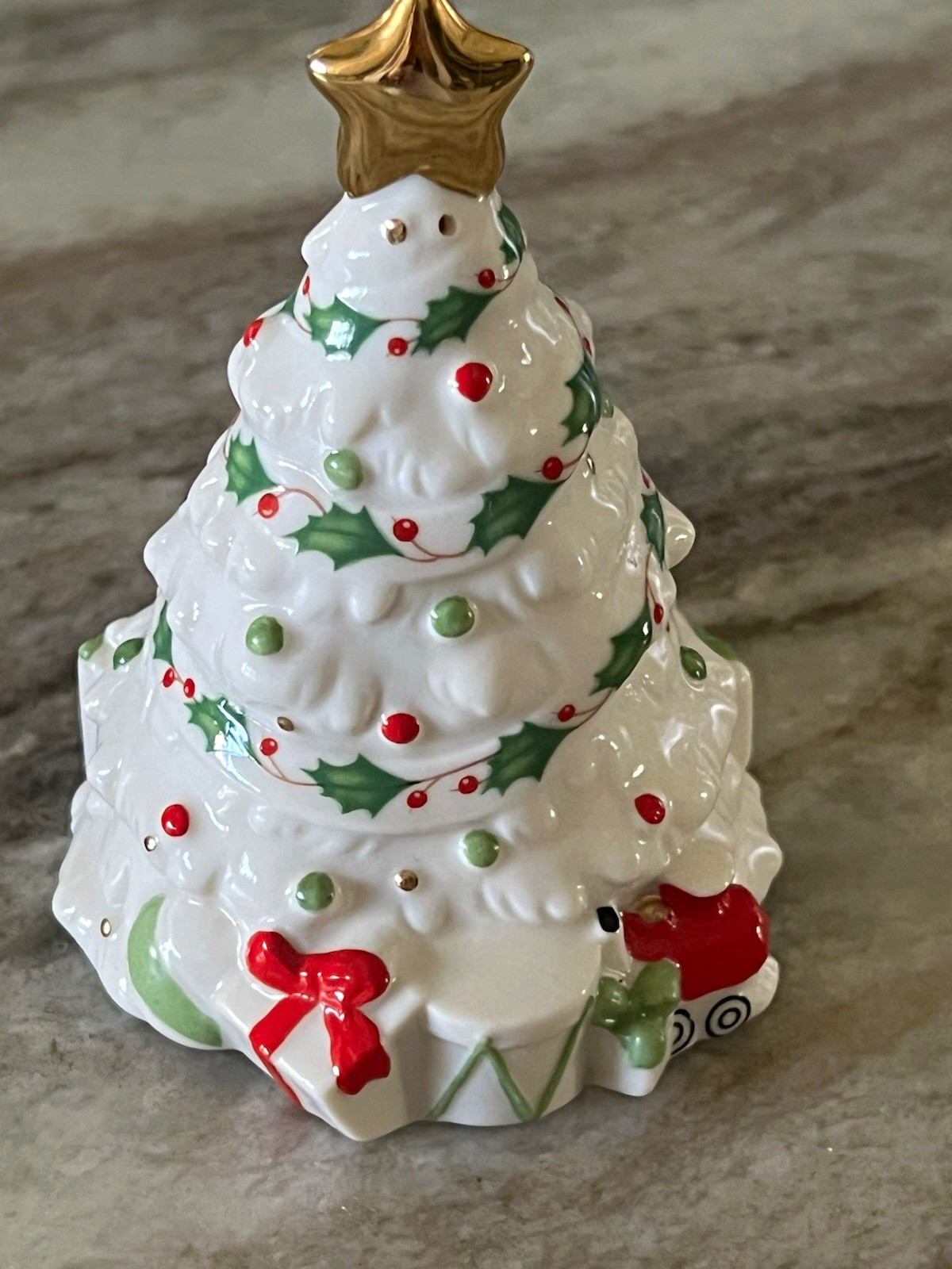 Lenox Porcelain Christmas Tree Figurine w/ Bear, White Green Red Gold