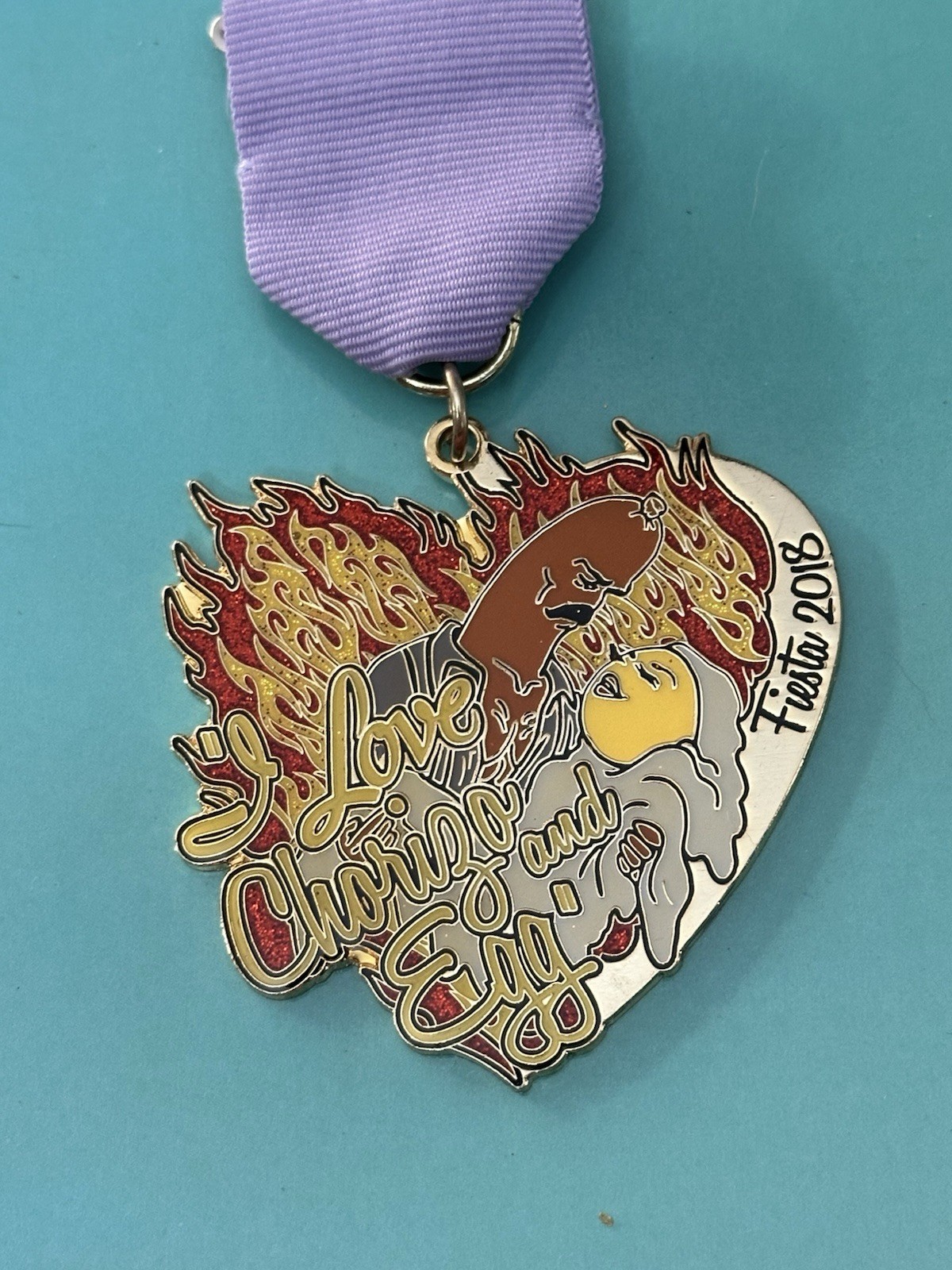 FIESTA 2018 medal- I LOVE CHORIZZO & EGG- artist JC CRUZ- HTF-IMMEDIATE SHIPPING