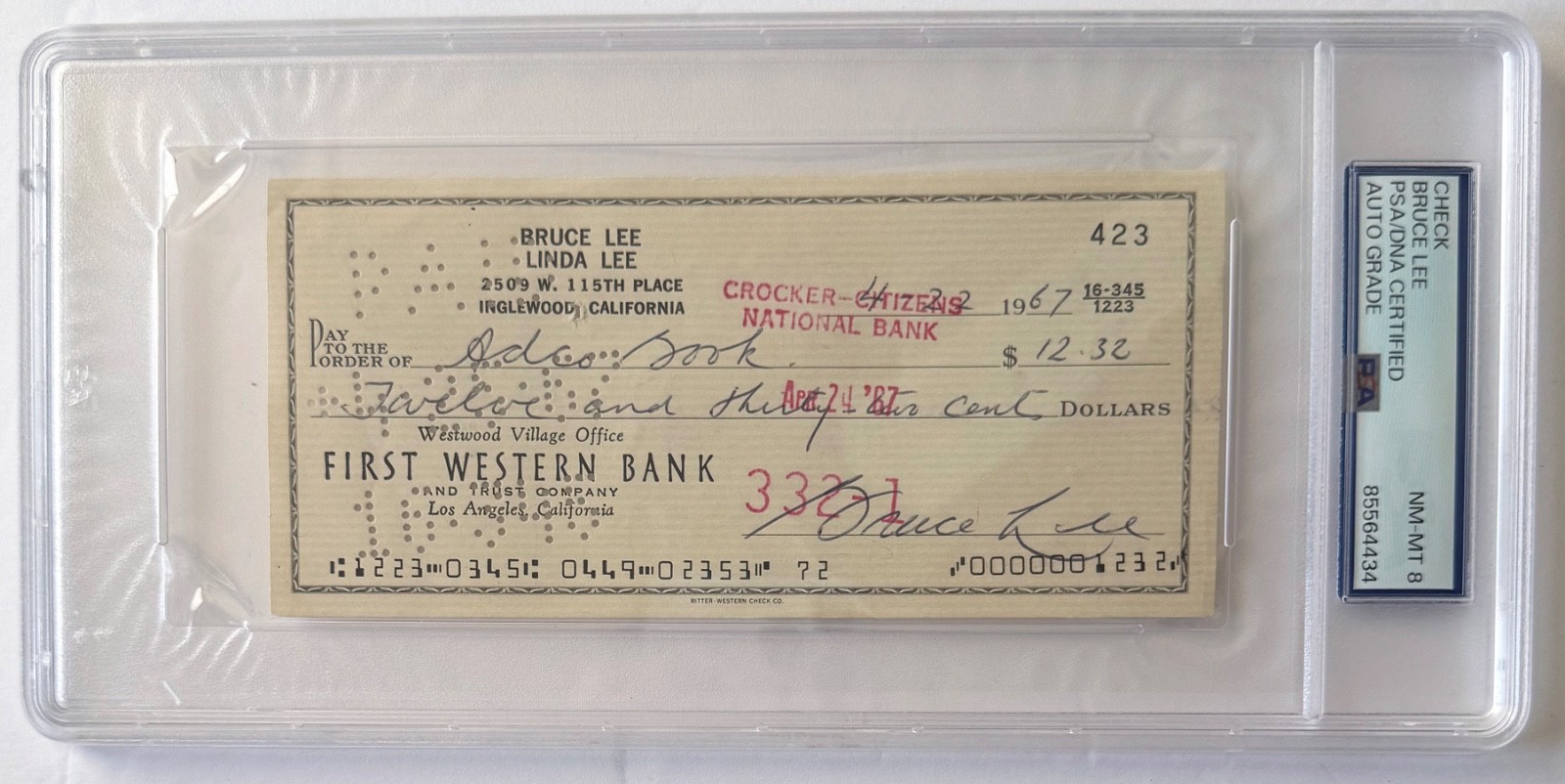 c. 1967 BRUCE LEE Signed Check for $12.32 PSA/DNA Certified NM-MT 8;C217