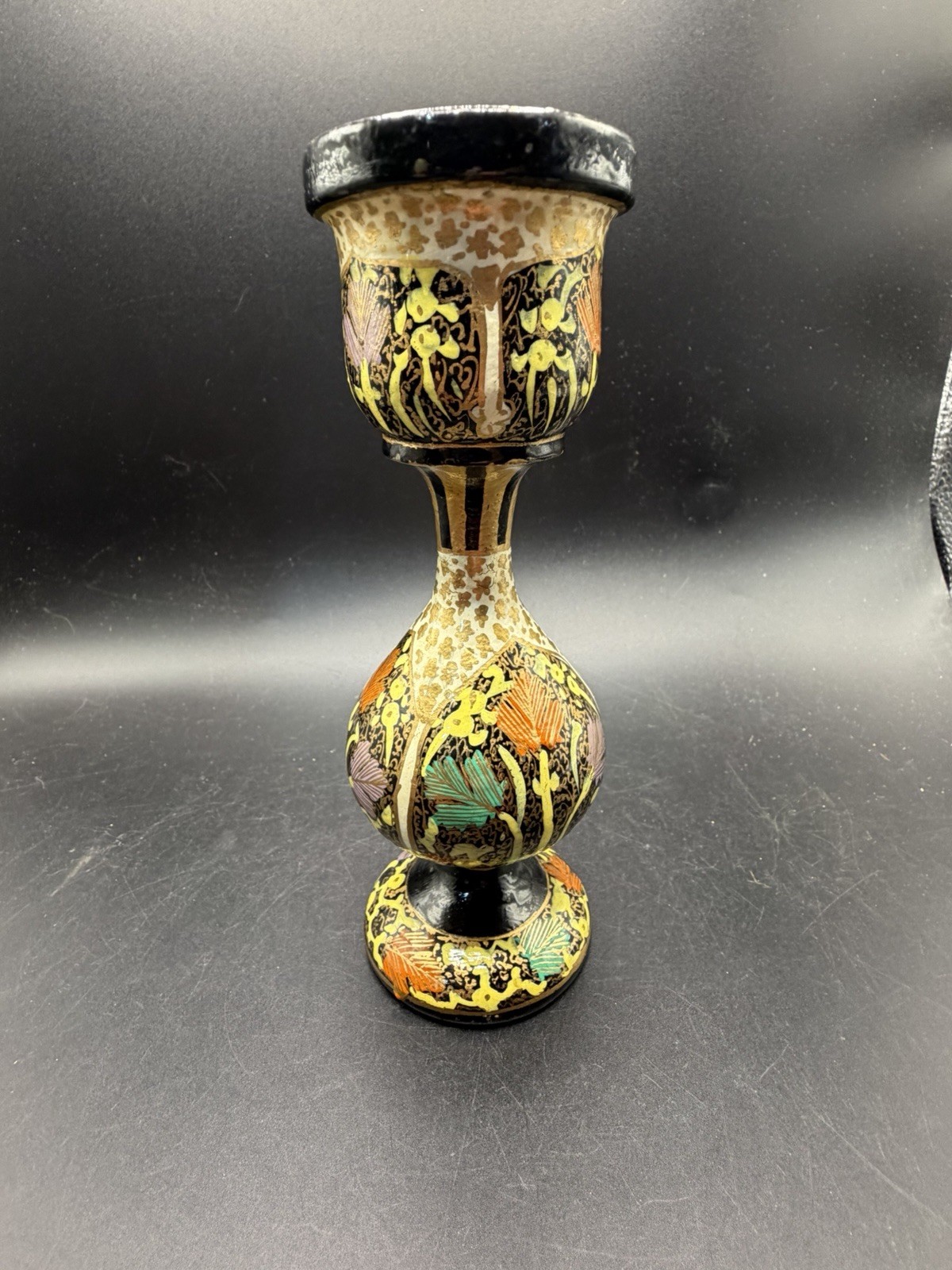 Vintage Kashmir Hand Painted Papier Mache Candlestick Holder 7.5 Inch Floral 