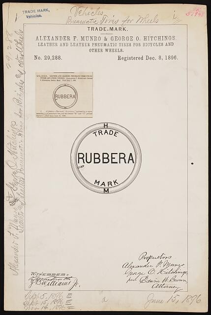 1896 Trademark Registration Rubbera Bicycle Pneumatic Tires Munro Hitchings