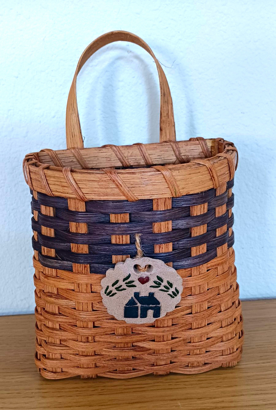 Vintage Small Woven Hanging Basket With Handle With Ceramic Detail Cottagecore 