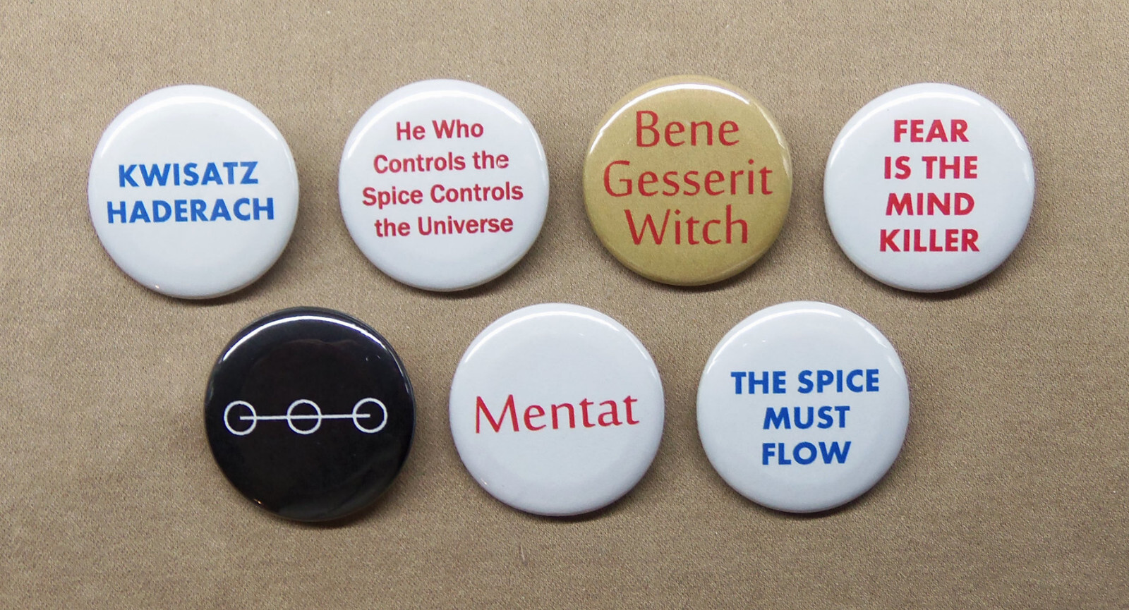 DUNE 7 1.25” Buttons Bene Gesserit Witch, Mentat, Kwisatz Haderach, Spice, Fear