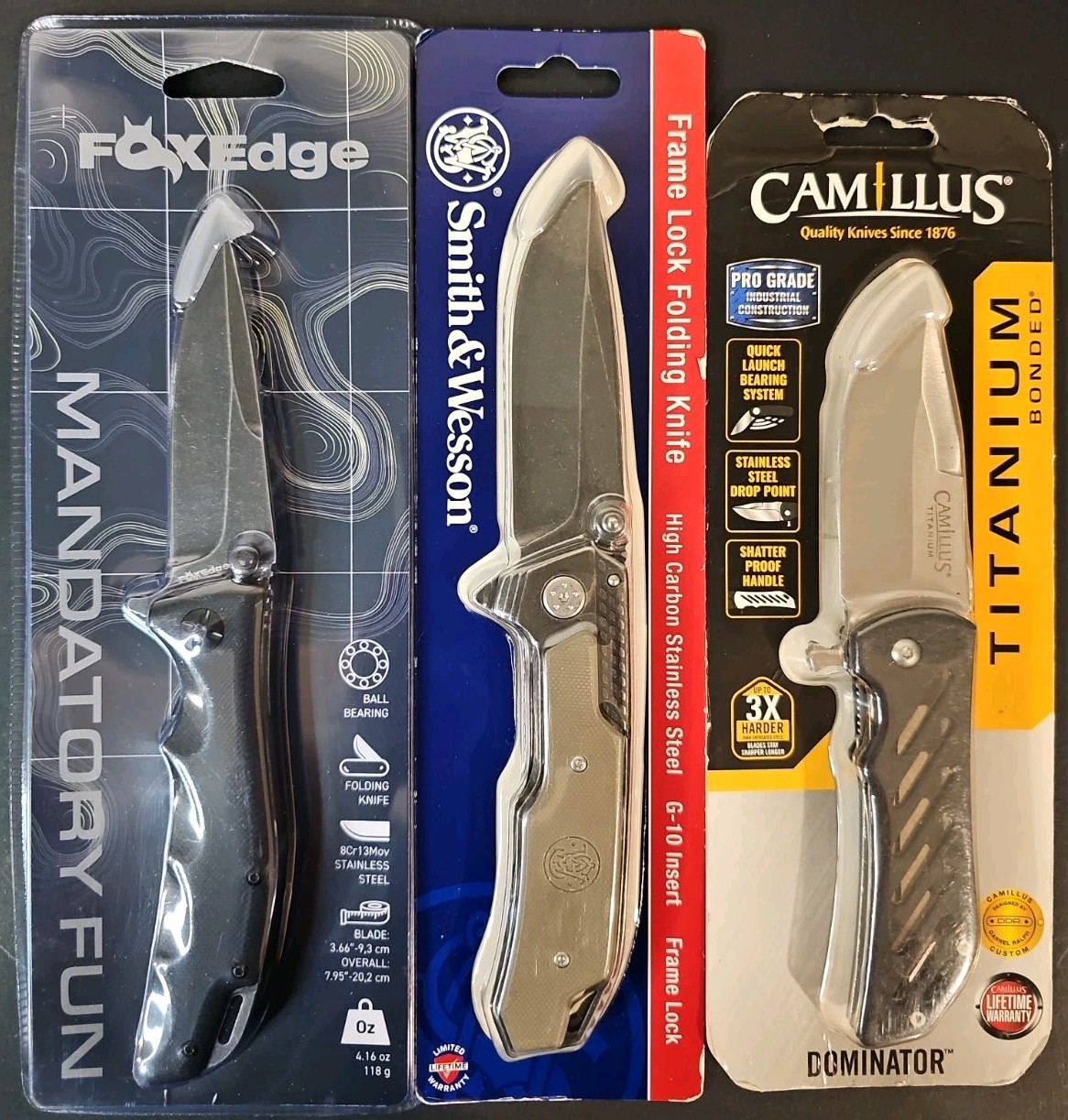 New Folding Knife Lot Fox Edge Smith & Wesson Camillus 3-Piece Bundle NIB
